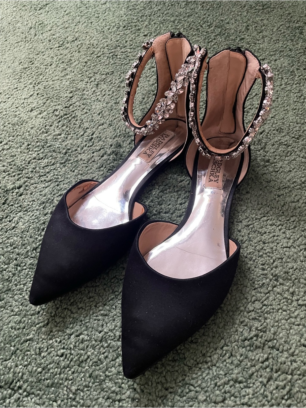 Badgley Mischka Black Pointed Toe Crystal Ankle-Strap Flats - Picture 2 of 4